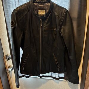 Harley Davidson Womens Medium Black Leather Rhinestone Jacket Moto Biker